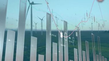 Başlangıçta ortaya çıkan ve titreşen çubuklar, rüzgar çiftliği verilerini canlı olarak görselleştirirken trend çizgileri süpürüyor. Yenilenebilir enerji, teknoloji, analitik, deniz, görselleştirme, yenilik