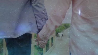 Turistler, bataklık köpeğinin üzerinde ahşap geçitte el ele yürürken gülümseme paylaşıyorlar. Romantik, manzara, doğa, rahatlık, sükunet, arkadaşlık, açık hava.