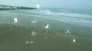 İHA taraması kıyı sahnesi simgeleri başlatıyor. Gerçek zamanlı veri görüntüleme için değerler soluyor ve güncelleniyor. Çevresel izleme, sürdürülebilirlik, veri görselleştirme, okyanus, yenilenebilir enerji, iklim değişikliği, bilgilendirme grafiği