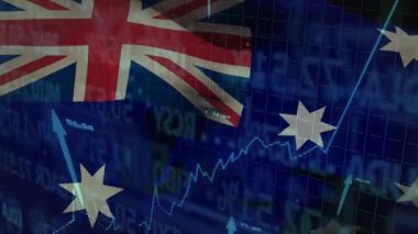 Finansal şebekeye dalgalanan Avustralya bayrağı, büyümeyi gösteren oklar sallanırken çizgi grafiği yükseliyor. Vatanseverlik, yatırım, analitik, teknoloji, dijital, ekonomi, eğilimler