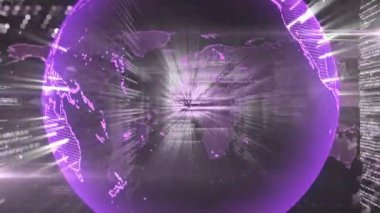 Dijital veri görselleştirme haritayı dönen küreye dönüştürüyor, kıtalar boyunca ışınlar yayıyor. Gelecek, teknoloji, bağlantı, siber alan, yenilik, arayüz, soyut