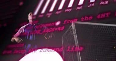 Kod çizgileri ve çubuklara tepki veren erkek oyuncu, top lideri, spor analitiği talimine katılan takım arkadaşı. Atletik, takım çalışması, fütüristik, teknoloji, sportmenlik, yoğunluk, strateji