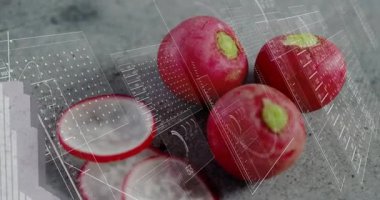 Turpların üzerinde soluk bir ızgara beliriyor, grafikler kayıyor, fiyatlandırma verilerinin eridiğini gösteren göstergeler dönüyor. Sebzeler, üretim, sağlık, beslenme, veri görselleştirme, teknoloji, taze