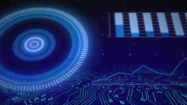Devre izleri ortaya çıkıyor. Analiz için HUD darbelerine, çubuklara ve çizgi grafiklerine neden oluyor. Teknoloji, veri, görselleştirme, dijital, fütüristik, arayüz, yenilik