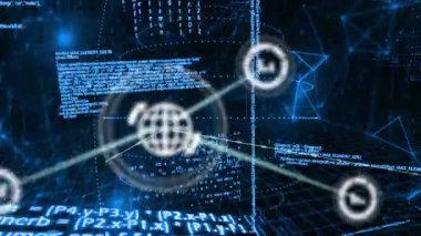 Şebeke etkinleştiren düğümler üzerinde kod kademesi, veri bağlantılarını gösteren kamera dönen nabız ağı. Teknoloji, siber güvenlik, dijital, yenilik, veri, bağlantı, geleceksel