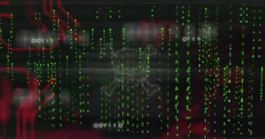 İkili kod damlıyor, kafatası çapraz kemikleri oluşturuyor, kırmızı devre çizgileri titreşiyor ve siber tehdidi gösteriyor. Siber uzay, dijital, hacker, siber güvenlik, teknoloji, gelecekçilik, ağ