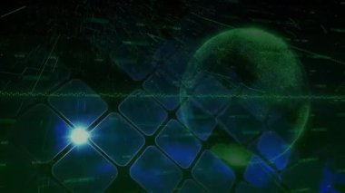 Koyu dijital uzay, yeşil küre etrafında dönen ve veri akışını gösteren mavi kare kümesini başlatıyor. Fütürist, teknolojik, dinamik, sürükleyici, soyut, sanal, yenilikçi
