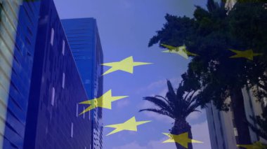 Yarı saydam sarı yıldızlar, AB motifini görselleştiren sokak kanyonunda soldan sağa doğru sürükleniyor. Kentsel, modern, ilham verici, kurumsal, minimalist, soyut, jeopolitik