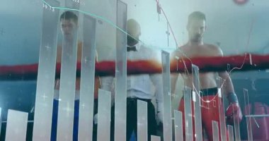 Hakem ringde kazananın eldivenini kaldırıyor, finans çizelgeleri canlandırırken zaferi işaret ediyor. Sporcular, rekabet, zafer, zafer, motivasyon, güç, başarı