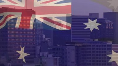 Gün batımında gökyüzü yıldızlarında dalgalanan şeffaf Avustralya bayrağını gösteren dalgalanan camlar. Kentsel, modernleşme, vatanseverlik, yurttaşlık, metropol, animasyon, sofistike