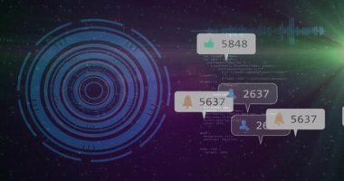 Çember arayüzü kod görünümü ile kayboluyor ve sosyal simgeler yüzüyor HUD 'da çarpışmayı gösteriyor. Teknoloji, arayüz, veri, dijital, geleceksel, yenilik, holografik