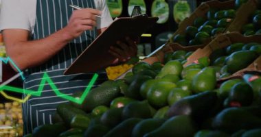 Avokadoları inceleyen, envanteri animasyon çizgileri ölçümleriyle takip eden bir memur çıkar. Taze üretim, süpermarket, envanter yönetimi, veri görselleştirmesi, perakende, kalite kontrolü, pazar