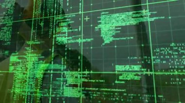 Green code grid overlay initiating inspector scanning pole during line inspection viewing AR data. Technology, innovation, data visualization, outdoor, industrial, futurism, engineering