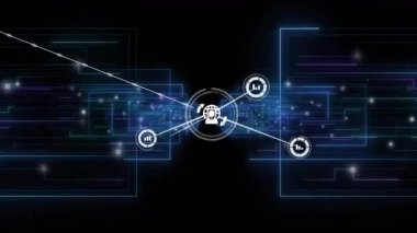 Kullanıcı-dünya simgesi göründüğünde, veri genişlemesini gösteren mavi ızgara titreşimleri olarak dallanma düğümleri gönderilir. Teknoloji, dijital, bağlantı, yenilik, veri görselleştirme, ağ, geleceksel