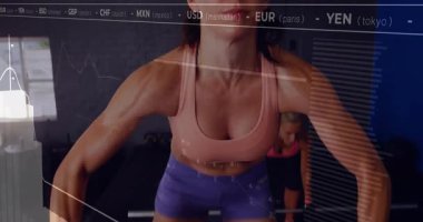 Animasyon finans çizelgeleriyle aşağı çeken spor partnerleri ilerleme kaydediyor. Fitness, power, collaboration, determination, modern, enerjik, health