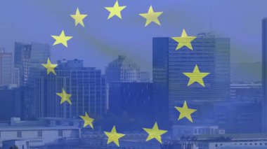 Şehrin üzerinde ortaya çıkan mavi kaplama, Avrupa 'nın birliğini gösteren sarı yıldızları saat yönünde döndürür. Kentsel, modern, kurumsal, tasarım, mimari, sivil, gösterişli