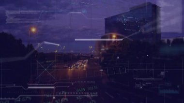 Alacakaranlık karayolu şebekeleri açılıyor, grafik yükseliyor, yüzdeler güncelleniyor, hisse senetleri gösteriliyor. Kentsel, teknoloji, analitik, veri görselleştirme, çağdaş, metropol, finans