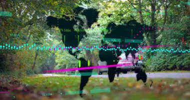 Harita cisimleştirildiğinde, beyaz sedan kareye, titreşen grafikler olarak giriyor, ulaşım verilerini görselleştiriyor. Coğrafya, veri görselleştirme, ulaşım, analitik, kırsal arazi, hareket grafikleri, çevre