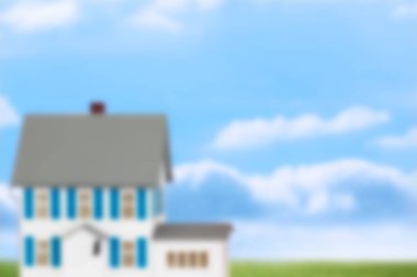 Flat design house is featuring gray roof blue shutters chimney garage on grass under clouds. Residential, architecture, minimalist, suburban, peaceful, scenic, outdoor