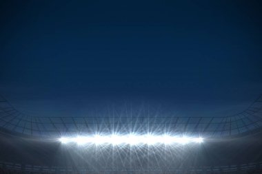 Karanlık gökyüzünün altında spot ışıkları olan dijital olarak oluşturulmuş büyük bir futbol stadyumu.