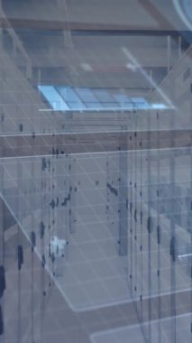 Sunucularla birlikte gelecekteki sunucu odasında dijital veri işleme animasyonu. Teknoloji, yapay zeka, büyük veri, siber güvenlik, yenilik, veri girişi