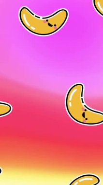 Renkli arka planda düşen muzların animasyonu. Soyut arkaplan, şablon ve dijital arayüz kavramı, dijital olarak oluşturulmuş video.