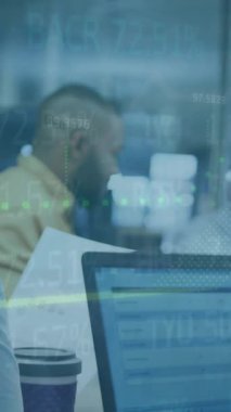 Animation of financial data processing over diverse business people. Global business, finances, computing and data processing concept digitally generated video.