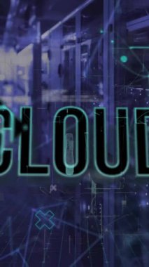 Veri işleme üzerinden bulut metninin animasyonu ve bilgisayar sunucuları üzerinden bağlantılar. Küresel iş, bağlantılar, hesaplama ve veri işleme kavramı dijital olarak oluşturulmuş video.