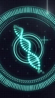 Kapsam, DNA ipliği ve veri işlemesinin siyah arkaplan üzerinde canlandırılması. Küresel bilim, bağlantılar, hesaplama ve veri işleme kavramı dijital olarak oluşturulmuş video.