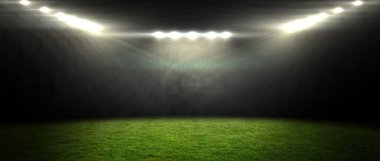 Çimen sahası düz dizaynlı projektörlerin altında parlıyor, canlı yeşil çimenlik parlıyor. Stadyum, aydınlatma, açık hava, atletik, manzara, canlı, enerjik