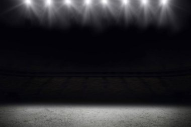 Spor stadyumundaki sahne ışıkları ve zemin kompozisyonu. Dijital olarak oluşturulan küresel spor konsepti.