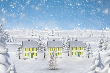 Flat design winter scene is featuring decorated Christmas tree in falling snow near three houses. Festive, tranquil, seasonal, picturesque, cozy, landcape, holiday