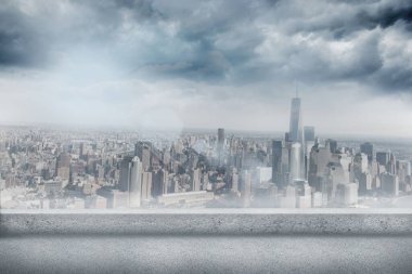 Panoramic city skyline is being shown from concrete rooftop ledge in flat design, misty haze. Urban, landscape, minimalism, skyline, metropolitan, modern, high-rise