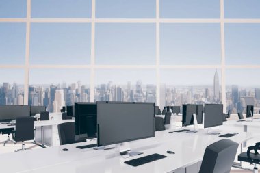 Showing flat design flat-screen monitor on white desk with keyboard and mouse facing city skyline. Modern workspace, corporate environment, sleek design, technology, productivity, urban view, innovation