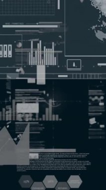 Siyah arka plandaki bilgisayar dilinin üzerinde birden fazla grafik, küre ve ticaret panosu animasyonu. Dijital olarak üretilmiş, hologram, illüstrasyon, küreselleşme, rapor, iş ve borsa.