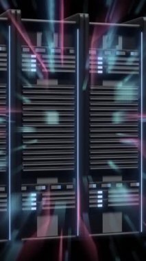 Bilgisayar sunucuları üzerinden dijital veri işleme ve devre kartlarının animasyonu. Dijital olarak oluşturulmuş küresel bağlantılar, hesaplama ve veri işleme kavramı.