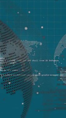 Mavi zemin üzerinde veri işleme ve küre animasyonu. küresel iş ve dijital arayüz kavramı dijital olarak oluşturulmuş video.