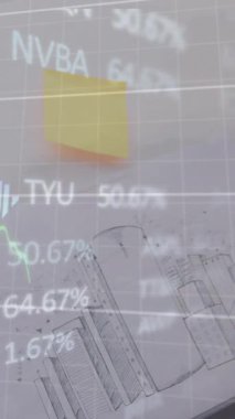 Ofiste çalışan iş adamları üzerinde finansal veri işleme animasyonu. Küresel hesaplama, finans, iş ve veri işleme kavramı dijital olarak oluşturulmuş video.