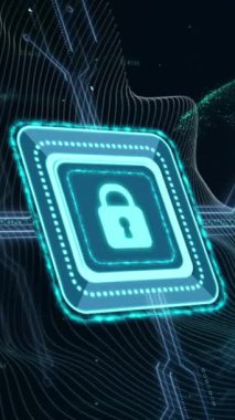 Dünya üzerinde bilgisayar devresi olan asma kilit simgesinin animasyonu ve siyah arkaplanda çizgiler. Küresel teknoloji, iletişim, bilgisayar ve dijital arayüz kavramı dijital olarak oluşturulmuş video.