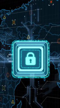 Animation of online security padlock, data processing and markers over world map. global connections and data processing concept digitally generated video.