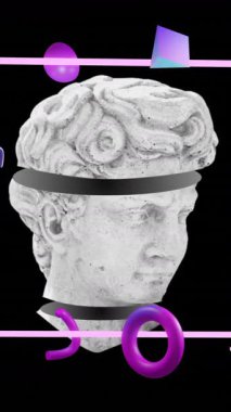 Siyah arka plandaki şekillerin üzerinde antik heykelin animasyonu. Antika sanat, küresel bilgisayar, transfer ve veri işleme kavramı dijital olarak oluşturulmuş video.