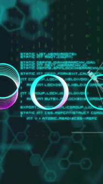 Altıgen desenler ve ikili kod animasyonu, bilimsel arkaplanda veri işleme. soyut, teknoloji, kodlama, gelecek, algoritma, ağ