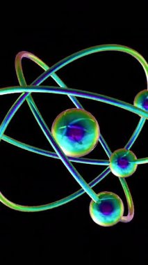 Siyah arkaplanda dönen atom modelinin animasyonu. Küresel bilim, araştırma, bağlantılar, hesaplama ve veri işleme kavramı dijital olarak oluşturulmuş video.