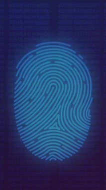 Biyometrik parmak izi tarayıcısı, mor dijital dalga ve veri işleme animasyonu. Siber güvenlik ve iş teknolojisi kavramı