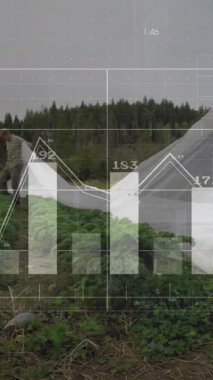 Finansal veriler ve tarımsal alan üzerindeki borsa animasyonu koruyucu bir şekilde korunuyor. Tarım, tarım, finans, veri analizi, yatırım, sürdürülebilirlik