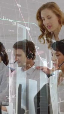 Animation of statistical data processing over diverse customer care executives working at office. Business data and analytics technology concept