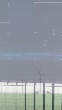 Veri görselleştirme ve grafikler, alandaki rüzgar türbinlerinin üzerini örtüyor. Yenilenebilir, enerji, sürdürülebilirlik, analiz, yeşil, güç