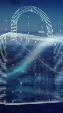 Şehrin üzerinde sonsuzluk sembolü, asma kilit ve veri işleme animasyonu. Küresel iş ve dijital arayüz kavramı, dijital olarak oluşturulmuş video.