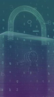 Dijital asma kilit ve veri işleme animasyonu. Dijital olarak oluşturulmuş küresel çevrimiçi güvenlik, finans, bilgisayar ve veri işleme kavramı.