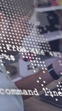 Animation of data processing over man using tablet. Global online security, business, finance, computing and data processing concept digitally generated video.